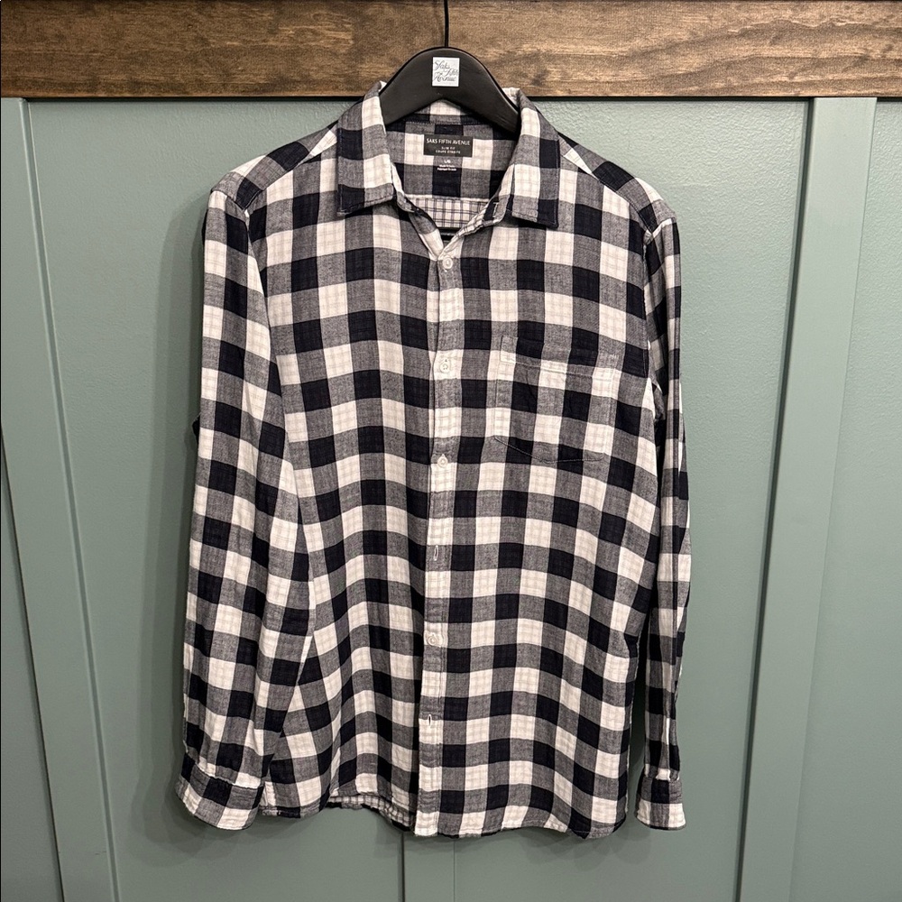 Saks Fifth Avenue Black and White Plaid Casual Shirt L